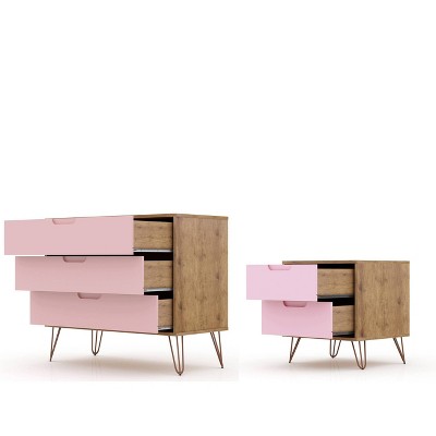 Natural and Rose Pink Hairpin Leg Dresser and Nightstand Set