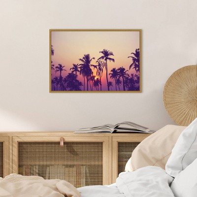 Sunrise Palm Grove Framed Canvas Print in Purple and Gold