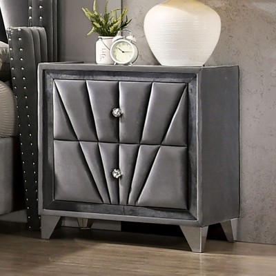 Vynxaria Fully Upholstered 2-Drawer Nightstand - Art Deco Design, Crystal-Like Knobs, Glass Top, Chrome Legs