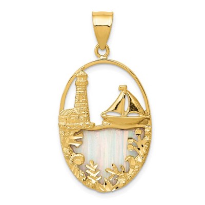 Black Bow Jewelry 14k Yellow Gold & Imitation Opal Lighthouse and Sailboat Oval Pendant