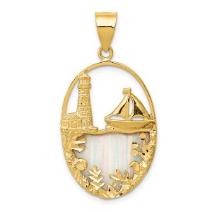 Black Bow Jewelry 14k Yellow Gold & Imitation Opal Lighthouse and Sailboat Oval Pendant - 1 of 4