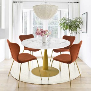 Harris+Flavia 5-Piece Round-Shaped Faux Marble Dining Table Set With 4 Velvet Upholstered Chairs Gold Legs -Maison Boucle - 1 of 4