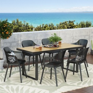 Christopher Knight Home Requeta Outdoor Acacia Wood and Resin 7 Piece Dining Set with 70.25” Dining Table, Black/Teak - 1 of 4