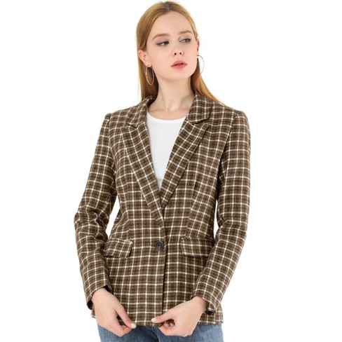 Allegra K Women's Double Breasted Jacket Notched Lapel Plaid Overcoat With  Pockets Brown X-small : Target