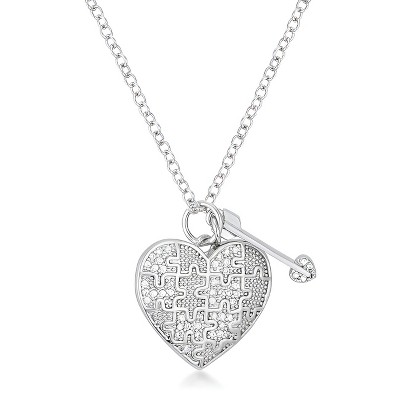 Slickblue Charming .12 ct CZ Heart Puzzle Pendant with Arrow, Rhodium-Plated 17" Necklace