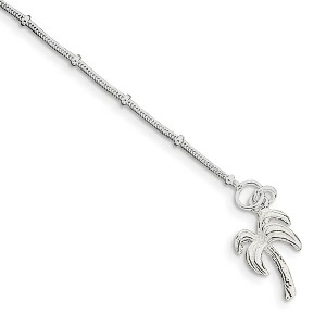 Black Bow Jewelry Sterling Silver Palm Tree Charm Beaded Snake Chain Anklet - 1 of 4