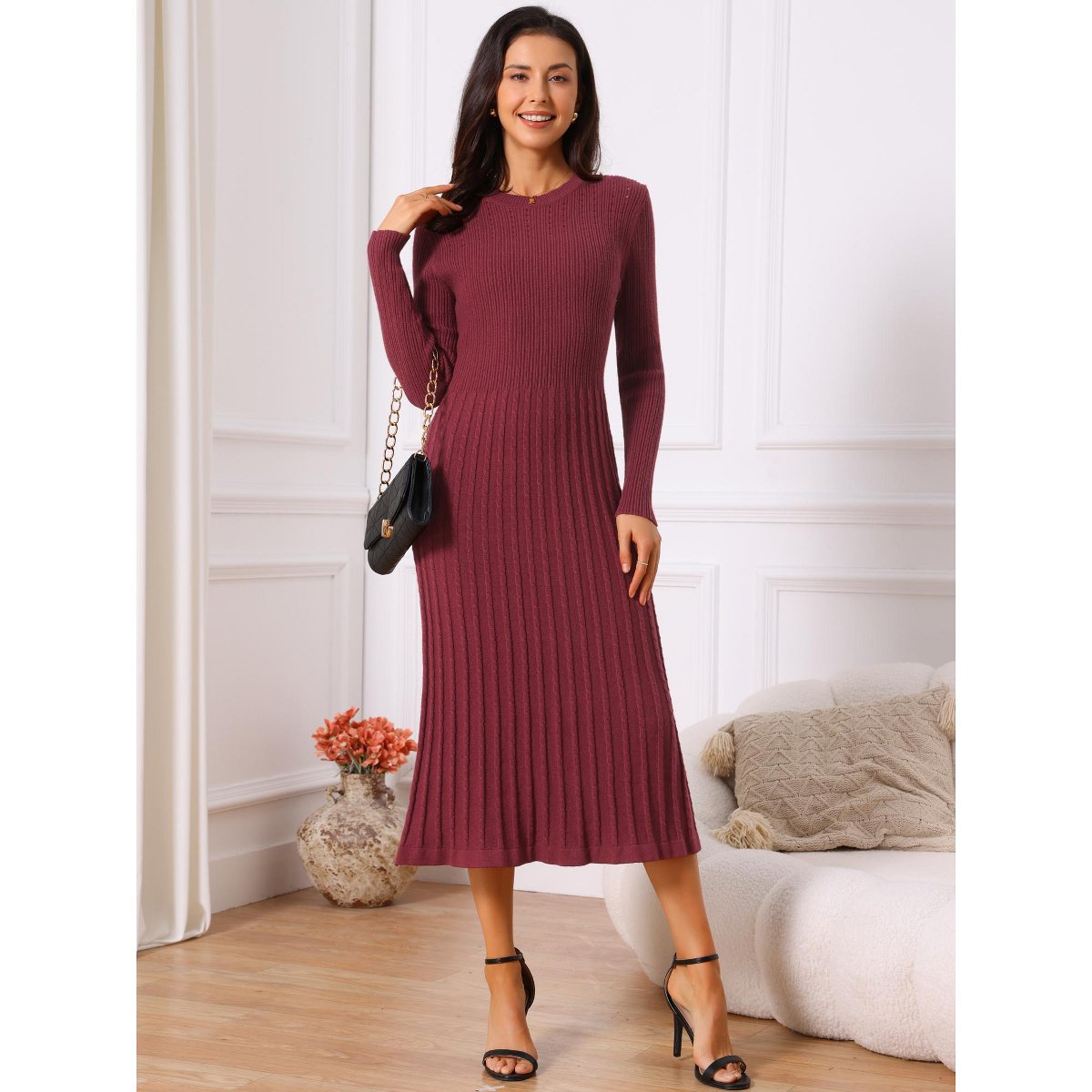 Женские платья INSPIRE CHIC Women's Crewneck Knit Long Sleeve Midi Ribbed A-Line Sweater Dress Pink Medium — фото 4