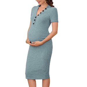 Women's 2025 Maternity Dress Long Sleeve/Short Sleeve V Neck Midi Dress Slim Fit Bodycon Sweater Dress for Photoshoot Baby Shower - 1 of 4