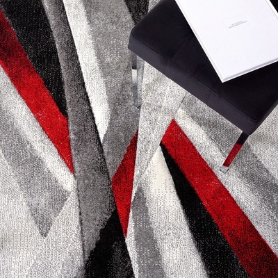 Gray and Red Mid-Century Modern Synthetic Area Rug