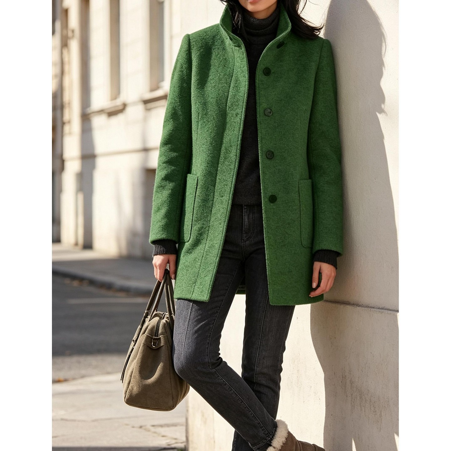 Женское пальто YesFashion Women Stand Collar Single Breasted Pocket Mid Length Fall Outerwear Coat, M, Dark Green, цвет: Тёмный зелёный — фото 3