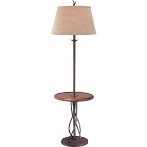 Franklin Iron Works Rustic Floor Lamp with Table 63.5" Tall Wood Twisted Iron Base Linen Empire Shade for Living Room Reading Bedroom - 1 of 4