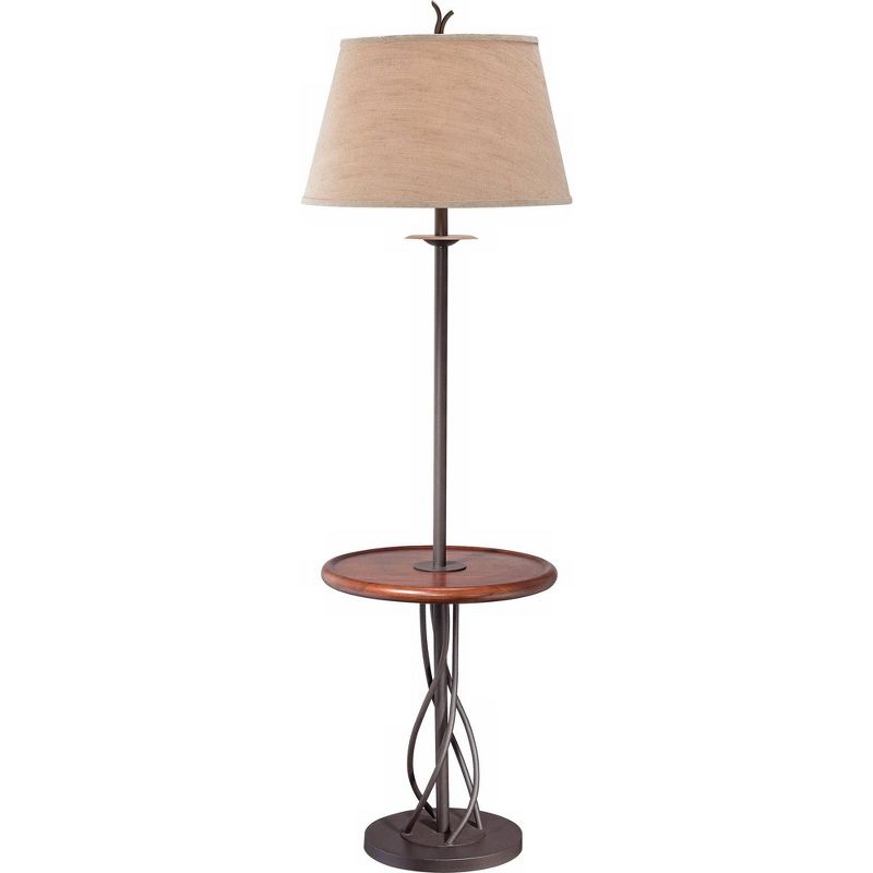 Franklin Iron Works Rustic Floor Lamp with Table 63.5" Tall Wood Twisted Iron Base Linen Empire Shade for Living Room Reading Bedroom, 1 of 11