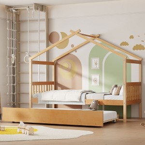 Whisen Twin Size Wooden House Bed with Twin Size Trundle - 1 of 4