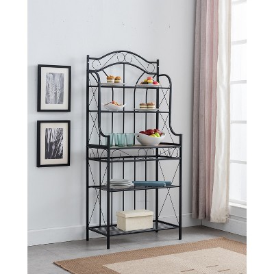 Kings Brand Furniture Amenoff 5-Tier Free Standing Metal Baker's Rack with Wood Faux Stone Finish Shelf, Black