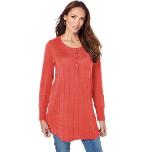 Roaman's Women's Plus Size Fine Gauge Drop Needle Henley Sweater - 1 of 4