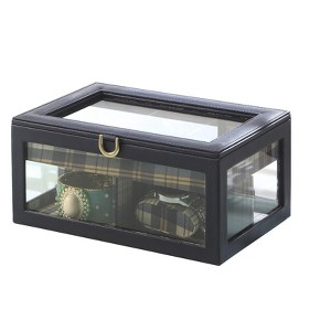 HomeRoots 10" Blue And Clear Faux Leather And Glass Nine Section Checkered Watch Box With Metal Accents - 1 of 4