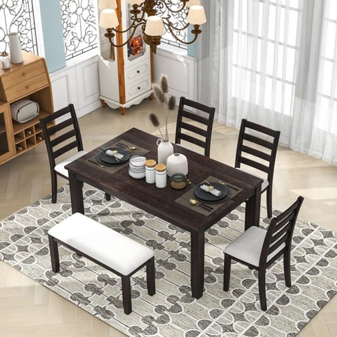 6 PCS Rustic Wood Dining Table Set Rectangular Table with 4 Chairs Bench ModernLuxe