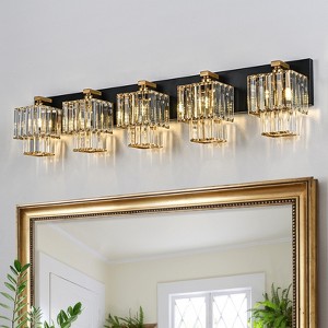 LLHZSY 3/4/5-Lights Modern Dimmable Glam Crystal Bathroom Vanity Lights - Black & Gold-New 2-Tiers Crystal Square Lamp Shade - 1 of 4