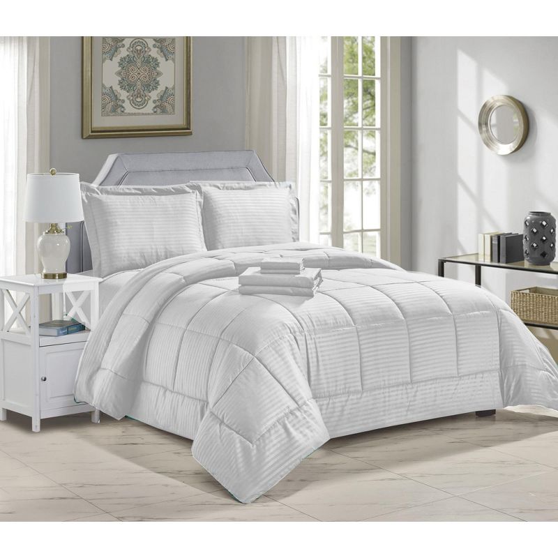 Plazatex Embossed 8-Pieces Stripe All Season Ultra Soft High Quality Microplush Comforter Set White, 1 of 4