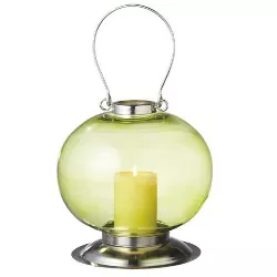Ganz 10.5" Fancy Fair Round Silver and Green Retro Glass Pillar Candle Holder Lantern