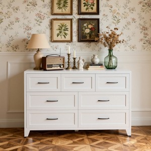 JVNOXK7-Drawer White Metal Dresser, Low-Profile Wide Storage Chest of  Drawers, Modern Organizer Cabinet for Bedroom Living Room Entryway