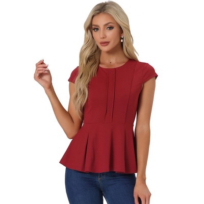 INSPIRE CHIC Women's Elegant Round Neck Cap Sleeve Solid Color Peplum Blouses