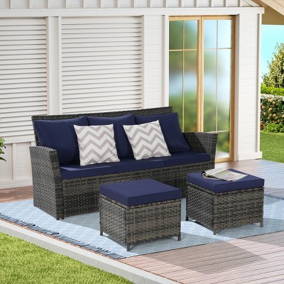 3-Piece PE Rattan Patio Seating Set,Outdoor Patio Set With Thick Cushions,Patio Small Space Chat Set,Sofa And Ottoman -Maison Boucle