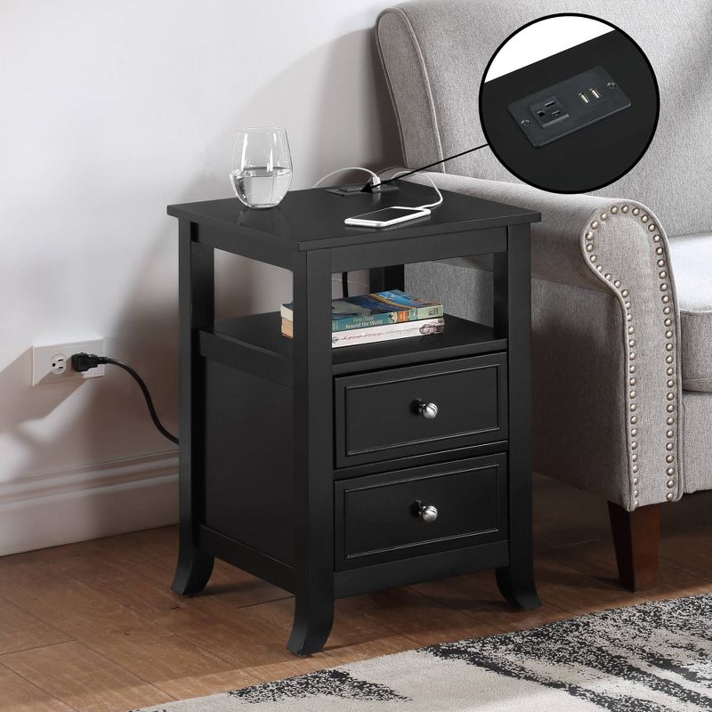 Breighton Home Melbourne 2 Drawer End Table with Charging Station and Shelf Black, 2 of 8