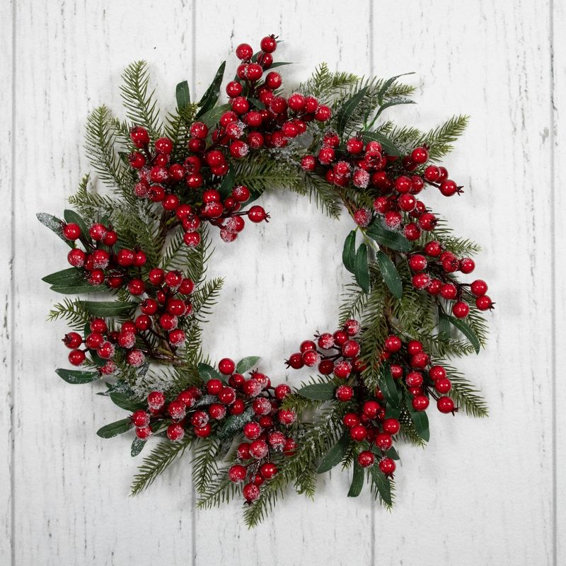 Northlight 18" Unlit Frosted Green Leaves and Red Berries Artificial Christmas Wreath, 6 of 9