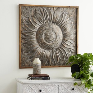 Metal Floral Sunflower Wall Decor with Embossed Details Gray - Olivia & May - 1 of 4