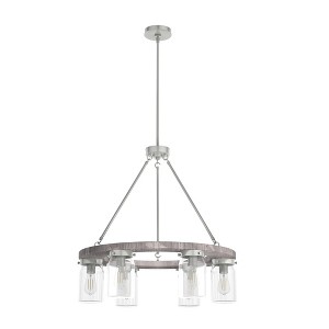 6-Light Devon Park Wood with Clear Glass Chandelier Ceiling Light Brushed Nickel/Gray - Hunter Fan: Farmhouse Edison Bulb-Compatible - 1 of 4