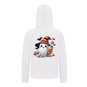 Everyday Kids Halloween Zip Up Hoodie – Cute Ghost with Witch Hat and Pumpkin Drink – Cozy Fall Sweatshirt for Girls, White - 1 of 3