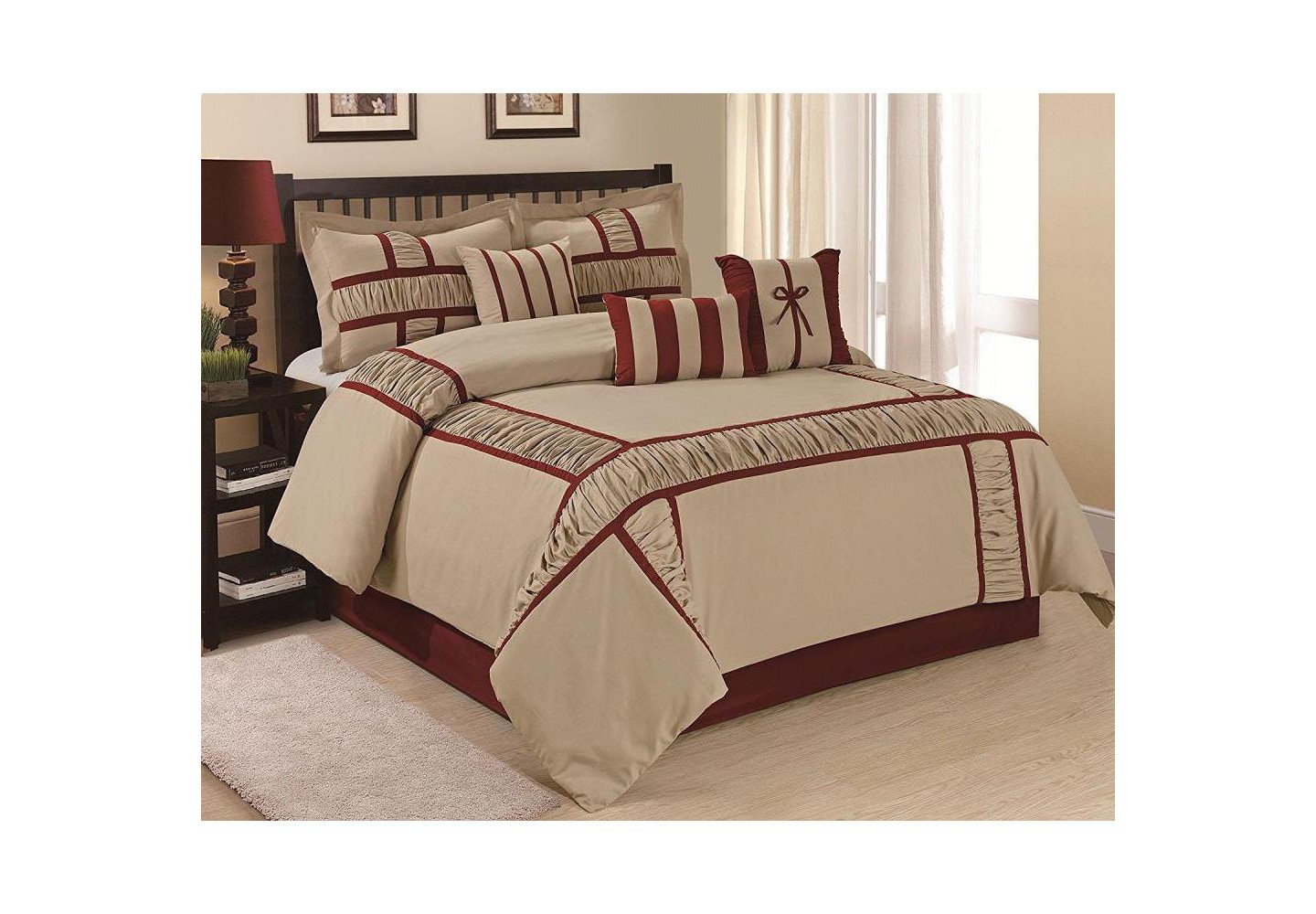 Постельное бельё HIG 7-Piece Handmade Ruching Patchwork Bed in a Bag, Taupe Queen Size Comforter Set with Ruffled Shams, Bedskirt & Decorative Pillows — фото 1