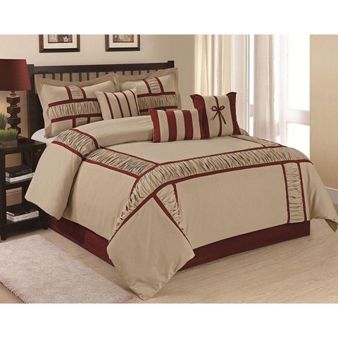 HIG 7-Piece Handmade Ruching Patchwork Bed in a Bag, Taupe Queen Size Comforter Set with Ruffled Shams, Bedskirt & Decorative Pillows