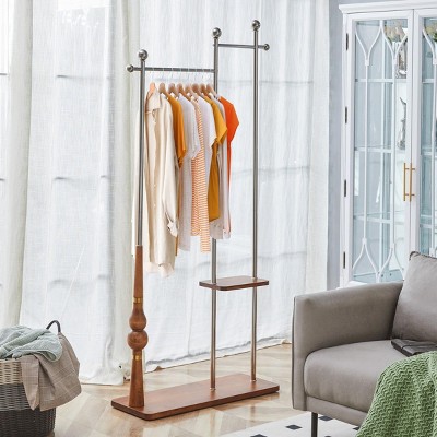 INFURNIC Garment Racks Industrial Coat Rack with Solid Wood Shelves and Stainless Steel Frame for Coats Shoes Bags, Brown, 34.6"*11.8"*70"