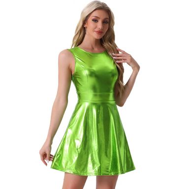 green holographic dress INSPIRE CHIC Women's Metallic Sleeveless High Waist Party Holographic Dress Shiny Green X-Large