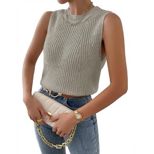 Women's Slit Hem Sleeveless Round Neck Knitted Sweater Vest Tank Top - 1 of 4