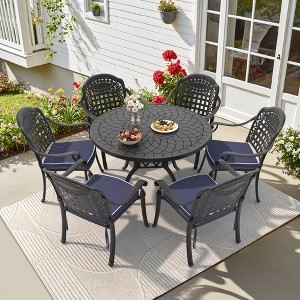 7-Piece Cast Aluminum Outdoor Dining Set: Round Table, Stackable Chairs & Blue Cushions - All-Weather Patio Furniture for Your Backyard - 1 of 4