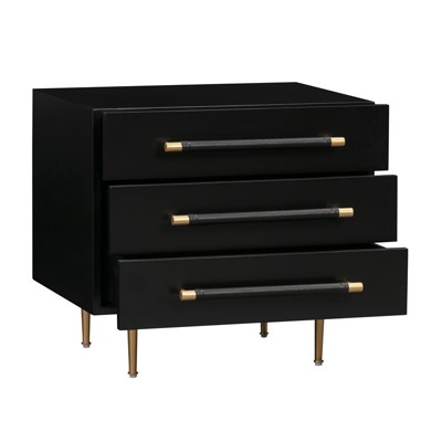 Trident Black Acacia Wood 3-Drawer Nightstand with Brass Accents