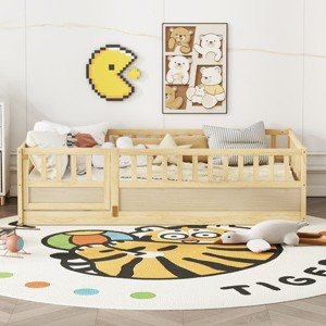 Floor Bed with High Fence and Door For Kids, Safe Montessori Design Bed with Guardrails,, Bed with Pine Wood Construction-Baofuwish - 1 of 4