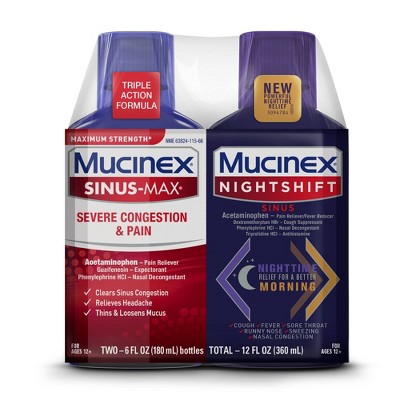 Mucinex Sinus-Max & Night Shift Combo Liquid For Sinus, Severe Congestion & Pain - 2ct/12 fl oz Total