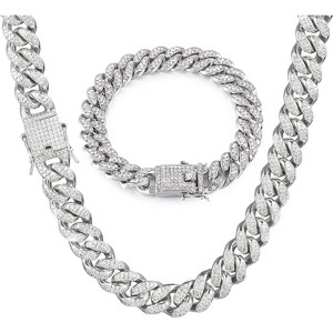 Miami Cuban Link Chain & Bracelet Set for Men - Silver Iced Out Hip Hop Jewelry - 1 of 4