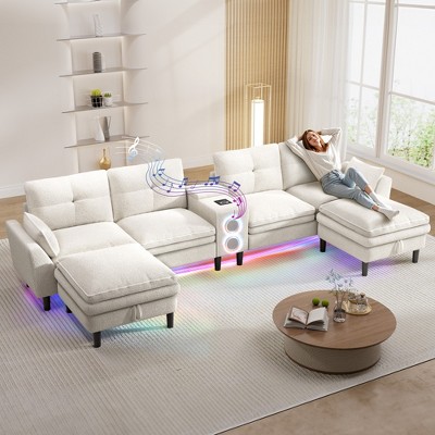 Vipbear 115"Modern Cloud Couch Sectional Sofa with Bluetooth Speaker & USB Charger,LED Light, Storage Ottomans,Comfy Boucle U-Shaped Sectional Couches