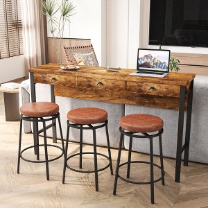 PAGED Pub Table Set of 4, 3 PU Leather Counter and Bar Stools, 1 Long Dining Table with Drawers and Outlets for Kitchen, Dining Room - 1 of 4