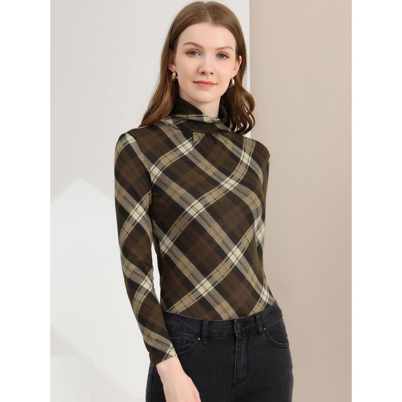 Allegra K Women's Long Sleeve Pleated Front Turtleneck Stretch Slim Plaid Blouse, 3 of 7