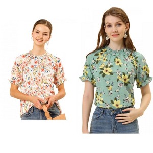 Allegra K Women's Short Sleeve Ruffled Floral Mock Neck Summer Top 2 Pcs - 1 of 4