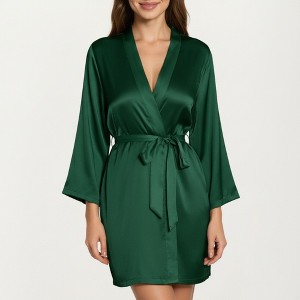 Anna-Kaci Lounge Women's Satin Short Robe with Wrap Front Design and Adjustable Tie Waist in Smooth Lightweight Silky Fabric - 1 of 4