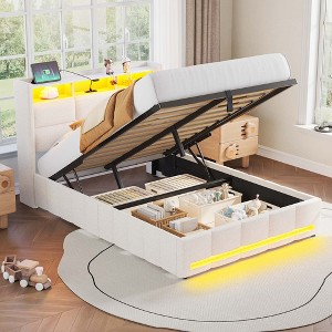 Greenstell Upholstered Lift Storage Bed with LED Lights & Charging Station, Modern Platform Bed, Heavy Duty Wooden Slats - 1 of 4