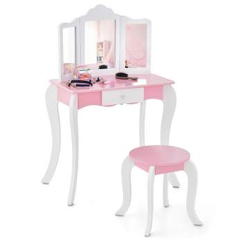 Tangkula Kid Vanity Table and Chair Detachable Tri-Folding Mirror Pretend Play Makeup Set