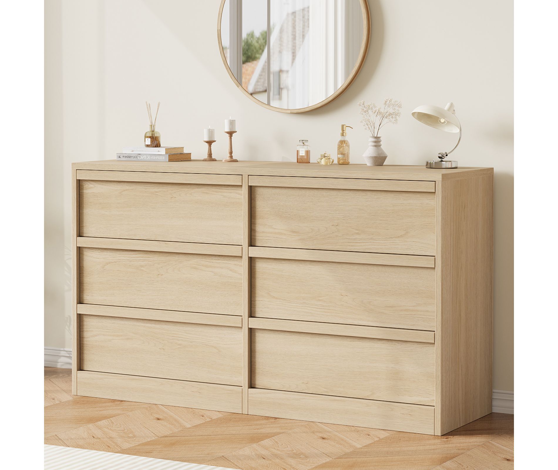 Garvee 6 Drawer Dresser for Bedroom, Natural Double Dresser Organizer with Concave Handles, Modern Chest of Drawers for Bedroom, Living Room, Nursery